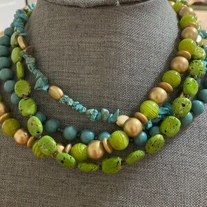 Green Blue Gold Tone Acrylic Multiple strand Beaded Necklace